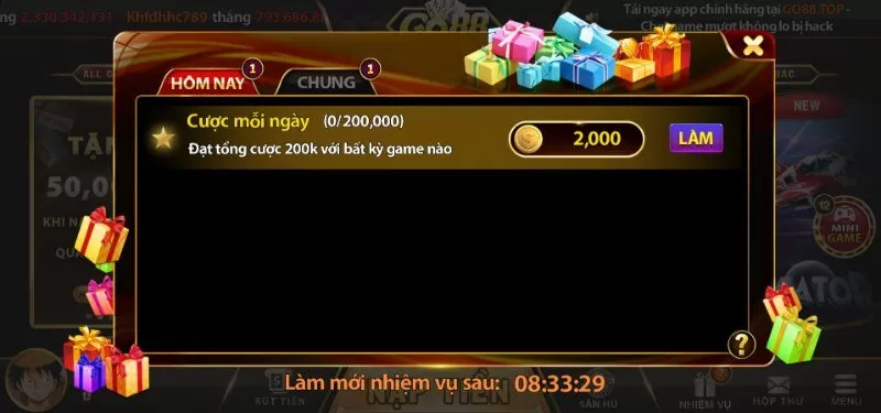 Khuyến mãi Go88 cược mỗi ngày tặng 2k xu cho mọi trò chơi Khuyến mãi Go88 cược mỗi ngày tặng 2k xu cho mọi trò chơi